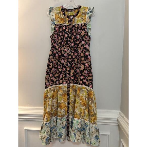 Anthropologie Ruffled Tiered Boho Romantic Coquette Patchwork Maxi Dress Med - Picture 2 of 10